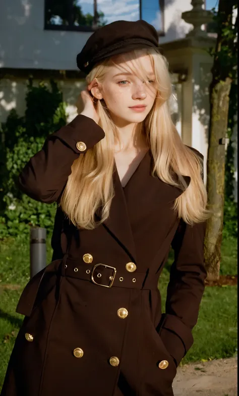 mulher, americana, 25 anos, pale skin and freckles, olhos cinzas, nariz delicado, soft and delicate lips, longo, cabelo blondie longo e ondulado na altura da cintura, sorriso meigo, face with delicate feminine facial features, altamente renderizado