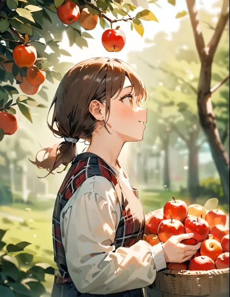 masterpiece, best quality, very aesthetic, absurdres, newest, 1girl, solo, low ponytail, brown eyes, brown hair, straw hat, tartan plaid shirt, long sleeves, little smiling, holding, upper body, outdoors, parted lips, food, day, blurry, from side, tree, fr...