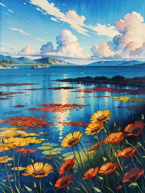 a painting of red and yellow flowers in front of a body of water, blue sky, cloudy, a pointillism painting, poppies, detailed watercolor painting, daisies and poppies, watercolors on canvas, romanticism landscape painting, by Anne Dunn, floral splash paint...