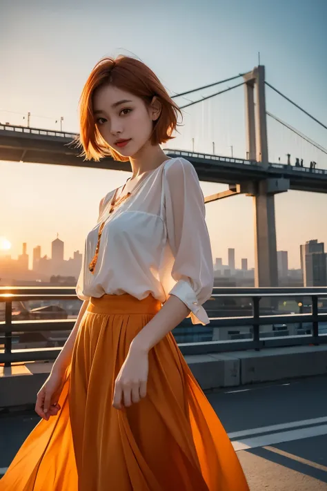 whole body、Friendly faces、1 pretty girl、blouse、skirt、pedestrian bridge、skyscraper、sunset、complex background、detailed hair、light orange hair、dim lighting、short hair length、There is movement