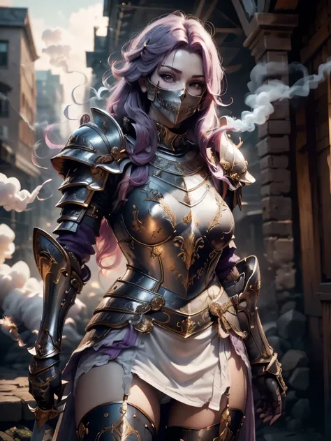 (Masterpiece, Superb Detail, Super Detailed, High Resolution), Male Focus, (((Female Armor))), (((Armor Dress Set))), (((Skull Mask))), (She Has Long Purple Hair, Medium Breasts, Slim, perfect body, beautiful face), look at viewer, (((white panty))), (((ho...