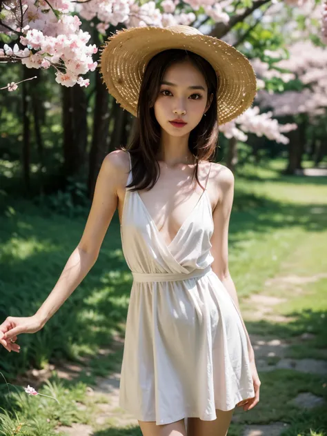 asian girl, (thin and cheerful face, medium length brown hair, black eyes, small mouth, (makeup, pink cheek, lipstick)), (slim and slender body, average chest, perfect hands) perfect body 8k , in a white summer dress, white heels, summer straw hat, in a be...