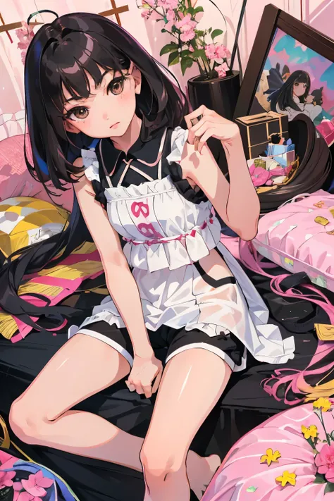 (child)，highest quality，Beautiful face in every detail，cute，Dark brown eyes，(背の低いcute女の子，Small young student，Young delicate girl）,（masterpiece，Top quality)，Black Hair，Sleepy expression，Sleeveless，(Pink shorts)