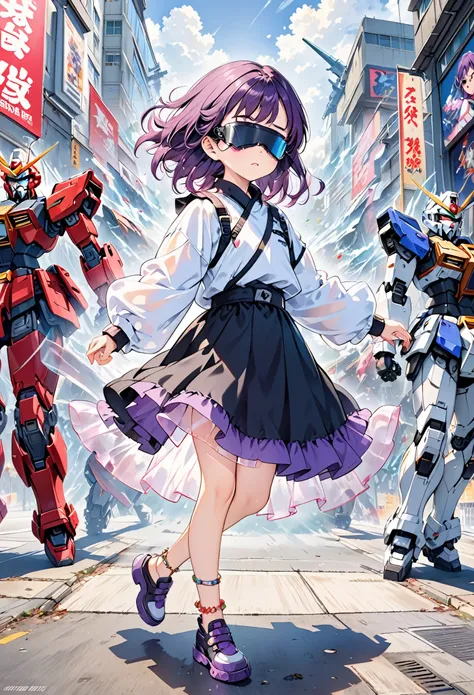 A cute 5 year old girl with purple hair,purple and white Tech combat suit,punk,tech,futuristic costume,(Gundam background:1.2),Robot background,(Tsundere:1.5),(luster,translucent parts,mechanical parts,assault visor covered eyes:1.2),
A shot with tension,(...