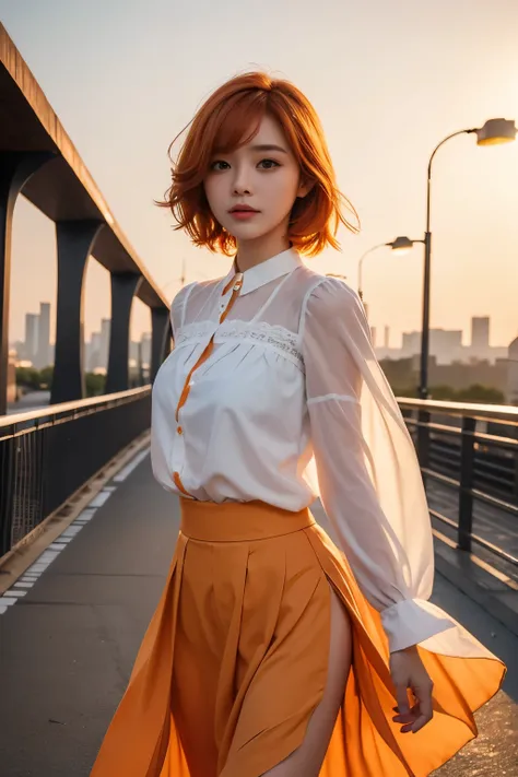 whole body、Friendly faces、1 pretty girl、blouse、skirt、pedestrian bridge、skyscraper、sunset、complex background、detailed hair、light orange hair、dim lighting、short hair length、There is movement