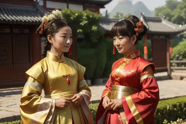 China, 1510. A ((((49-year-old)) Tan Yunxian)), with a friend, in a festival, ((((chinese clothings from the 1510s)))), ((hairstyle of the 1510s)), ((colorful, Monet))