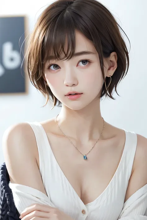 205 ((short hair)), 20-year-old female, In underwear、cardigan、Not through the sleeves、Wear it on your shoulder、 Dynamic Angle、Open your mouth、Black Hair、ear piercing、Necklace around the neck、Looking into the camera