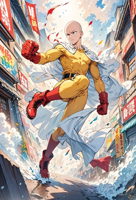 saitama (one-punch man),1boy,solo,bald,male focus,cape,gloves,boots,red gloves,belt,red footwear,white cape,superhero,clenched hands,yellow bodysuit,clenched hand,
one-punch man,
A shot with tension,(Visual impact,giving the poster a dynamic and visually s...