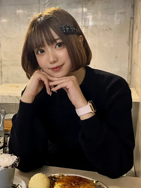 woman sitting at a table with a plate of food and a cup of coffee, chiho, with short hair, Yoshitomo Nara, 🚿🗝📝, the hime cut, sakimichan, sakimi chan, rena nounen style 3/4, 🔞🤡, shikamimi