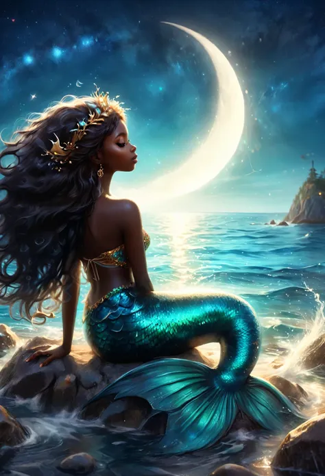 mermaid princess illustration,( dark skin:1.2)， sitting on a rocky beach, beautiful clear waters, backlight, strong winds, spiri...