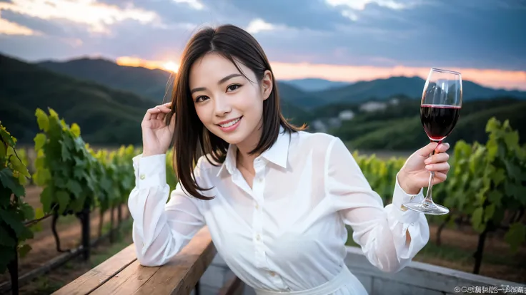 ((highest quality、8k、masterpiece:1.3))、1 male、1 female、Couple、Spouse、Couple、The body is slim、((Bob Hale、Straight hair:1.2)), (Realistic, Intricate details:1.2), Wine glass on the table、Put the light on your face、 Amazing view of the sunset sky and clouds、A...