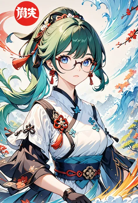 Xianyun_(genshin_impact),
Xianyun (genshin impact),
1girl,glasses,solo,breasts,hair ornament,green hair,multicolored hair,ponytail,looking at viewer,gloves,long hair,black hair,bangs,semi-rimless eyewear,blue eyes,earrings,jewelry,black gloves,upper body,c...