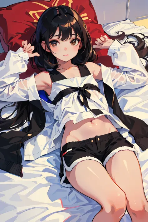 (child)，highest quality，Beautiful face in every detail，cute，Dark brown eyes，(背の低いcute女の子，Small young student，Young delicate girl）,（masterpiece，Top quality)，Black Hair，Sleepy expression，Sleeveless，(White shorts)