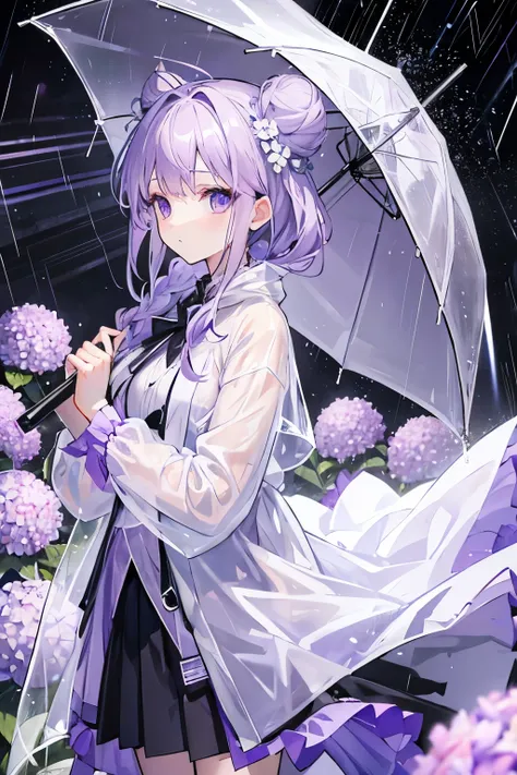 Light purple bun，Bangs，Light purple hair，Two twisted braids，Transparent raincoat，Black skirt，Transparent umbrella，Hydrangea，rain