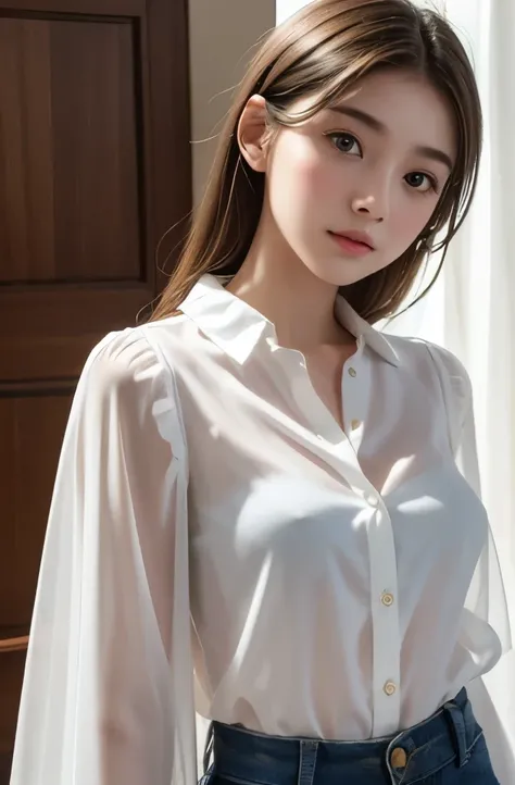 highest quality,Photo quality,Ultra-high resolution,Professional Lighting,18-year-old,Beautiful face like an actress,valley,Transparent blouse:1.3,Town