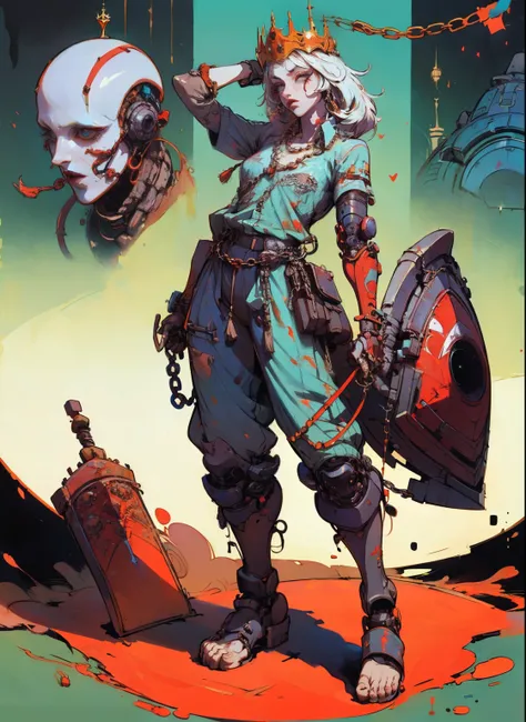 perfect proportions, anatomically correct, (head to toe: 2.0), (full body image: 2.0), solo, extremely stylized, deviant art, masterpiece, highly detailed, detailed eyes, expressive detailed eyes, detailed pupils, futuristic, ((wearing a crown)), ((holding...