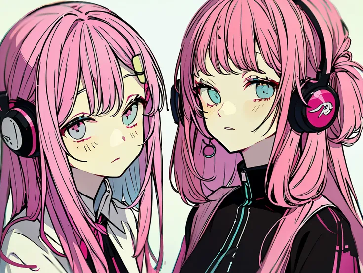 straight hair、pink hair、blunt bangs、headphone, anime moe art style, anime drawings, anime style portrait, anime girlsのポートレート, an...