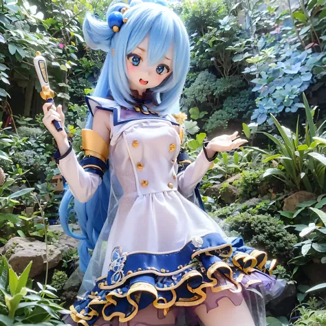 (a young girl and) blue hair, (wear) a white and blue dress, (holding) staff, (standing) wealthy, vibrant garden, (and) colorful...