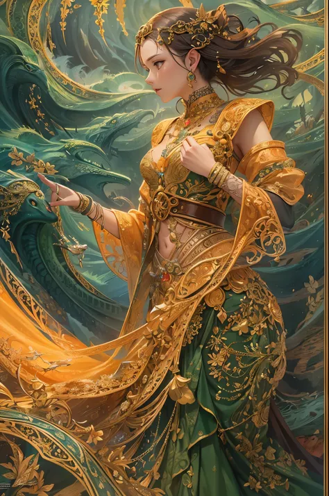 ((highest quality)),(Ultra-high resolution),(Very detailed),(Detailed Description),((The best CG)),(A masterpiece),Ultra-detailed art,Amazing drawing art,(Fantasy art with intricate detail:1.5), (A woman in a detailed dress:1.3), yellow, black, green, red,...