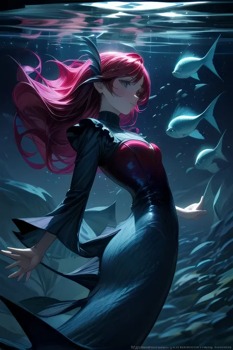 The Little Mermaid, under the sea, detailed fish fin, high-neck tops, front view, Hi3GB
