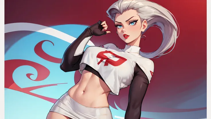 gorgeous girl in sexy standing, ((hair slicked back, long hair,)), large blue eyes, red lip gloss, perfect body, white skirt,crop top,thighhighs,elbow gloves, masterpiece, highres, ((plain background:1.3))