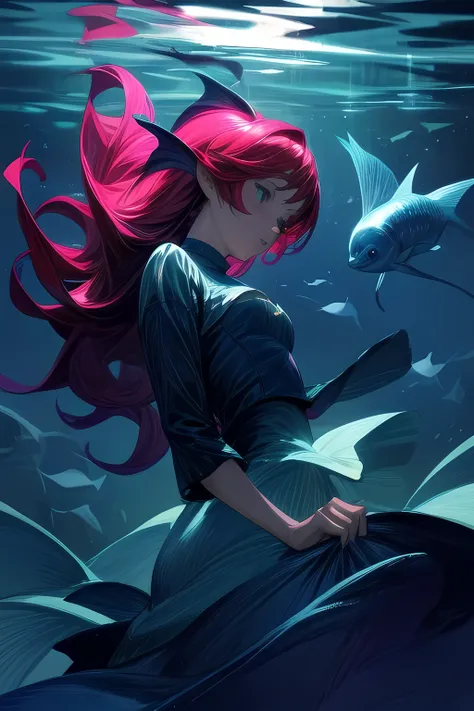 The Little Mermaid, under the sea, detailed fish fin, high-neck shirts, front view, Hi3GB
