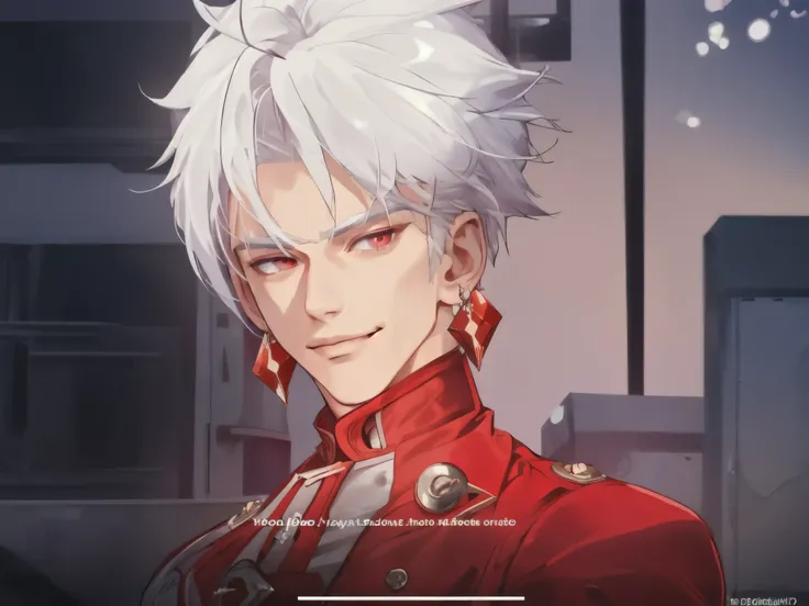 muscular male with white hair, red jacket, earing,smirk,handsome