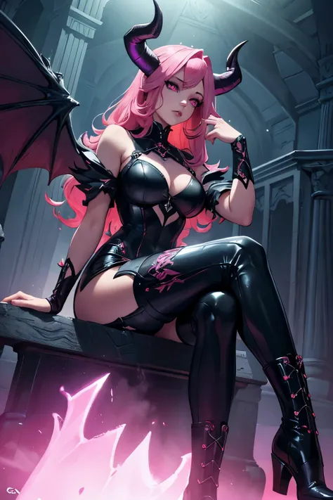 a pink-haired succubus with wavy hair and piercing pink eyes, sitting on a throne, crossed legs, wearing a tight suit and high boots, (best quality,4k,8k,highres,masterpiece:1.2),ultra-detailed,(realistic,photorealistic,photo-realistic:1.37),detailed face,...