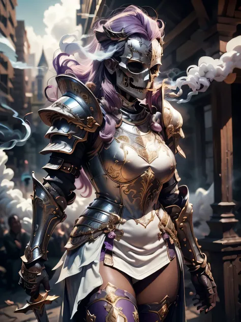 (Masterpiece, Superb Detail, Super Detailed, High Resolution), Male Focus, (((Female Armor))), (((Armor Dress Set))), (((Skull Mask))), (She Has Long Purple Hair, Medium Breasts, Slim, perfect body, beautiful face), look at viewer, (((white panty))), (((ho...