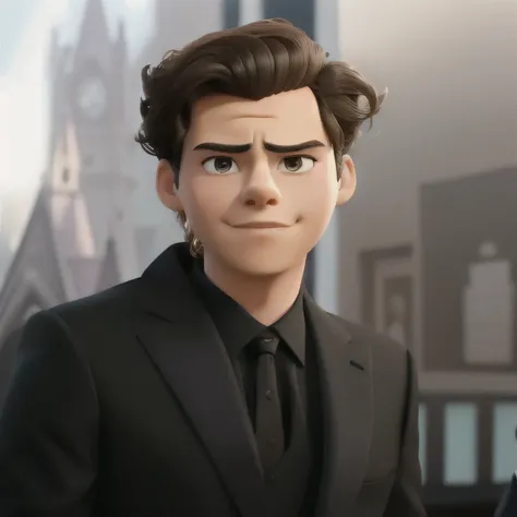 Harry Styles in Disney Pixar style, high quality, best quality, arafed male in a black suit and tie standing in front of a poster, harry styles, in a black suit, he is wearing a suit, he has short curly brown hair, intense look, profile shot, slight smirk,...