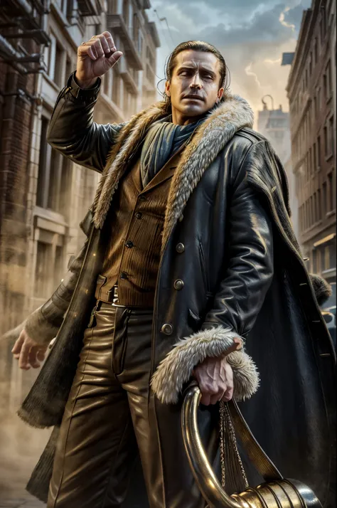 masterpiece, best quality, extremely detailed, hyperrealistic, photorealistic, a cool 40s man, ultra detailed face:1.2, fur-trimmed coat, scarf around the neck, his left hand is a golden pirate hook:1.1, outraged:1.1, sandstorm, city, white brick buildings...