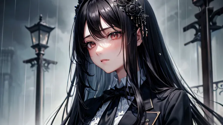 highest quality、Highest quality、Detailed facial expressions、((One beautiful woman、alone))、((Black Hair:1.3))、Beautiful light brown hair、Beautiful straight long hair、Gothichorror、((blazer:1.2))、Mourning clothes、Rain&#39;s Graveyard、Beautiful and detailed ey...