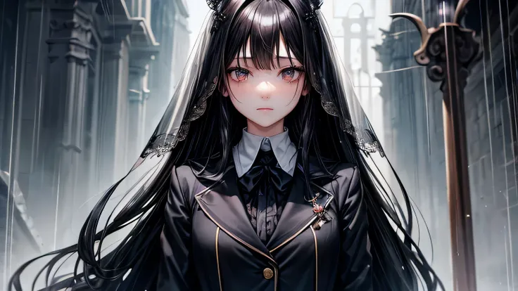 highest quality、Highest quality、Detailed facial expressions、((One beautiful woman、alone))、((Black Hair:1.3))、Beautiful light brown hair、Beautiful straight long hair、Gothichorror、((blazer:1.2))、Mourning clothes、Rain&#39;s Graveyard、Beautiful and detailed ey...