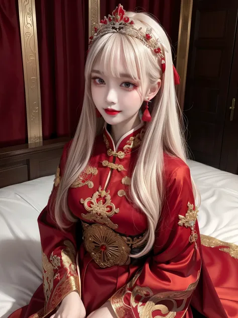 (Ultra-realistic 8k CG: 1.2), perfect artwork, delicate patterns, intricate details, (unparalleled masterpiece, best quality: 1.2), (extremely complex: 1.2), a woman in a red and gold dress, phoenix crown, hair stick, (sitting on a red bed), makeup, blush,...