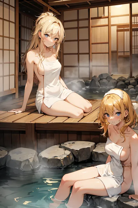 whole body, (1 female), Attractive face, blonde, Medium Hair, Messy Hair, (Naked Towel:1.2), (Japanese hot springs, spa:1.3), (highest quality, masterpiece:1.1),