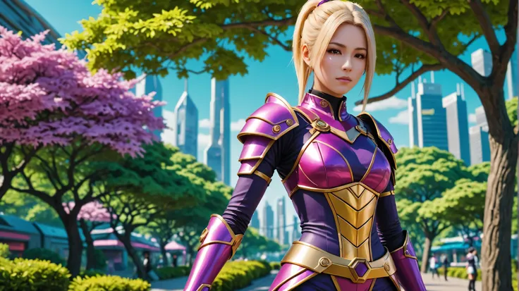 um close up de uma mulher com uma roupa roxa e dourada, portrait girl of the zodiac knights, girl of the zodiac knights, como um personagem em tekken, jogo cg, hero pose colorful city lighting, João Parque, foto aproximada, Android 18, Computer graphics ar...