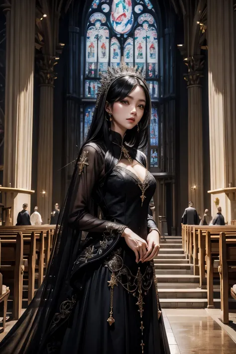 Black Hair、Straight Long、Eyes are large、The outfit is a gorgeous dress、In the background is a sparkling church chapel.