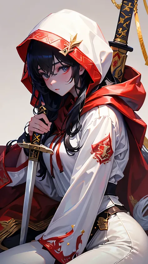 best quality, super fine, 16k, incredibly absurdres, extremely detailed, delicate and dynamic, cool beauty and cute female swordsman, big holy sword, red hooded long coat with gold embroidery, hood up, white pants, long boots, black messy hair and hair bet...