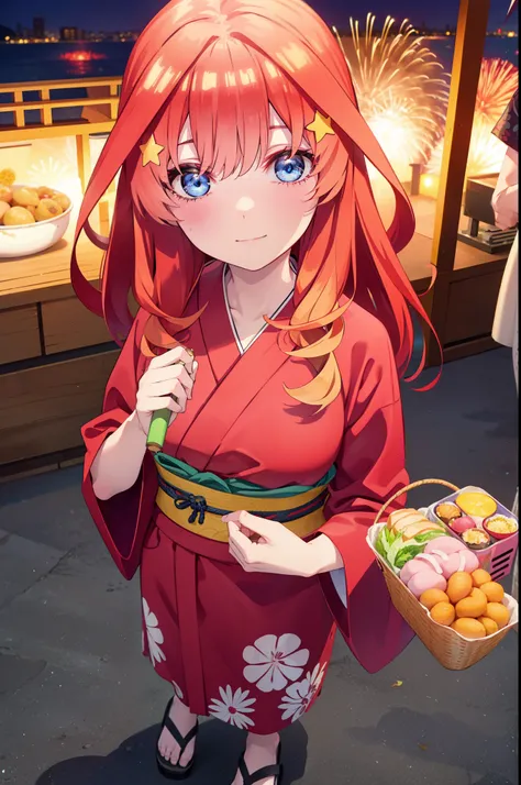 itsukinakano, Itsuki Nakano, bangs, blue eyes, Hair between the eyes, Ahoge, Redhead, star (symbol), hair ornaments, star hair ornaments,smile,Red Kimono,Long sleeve,Sandals,night空の花火,Fireworks display,Japanese Festivals,Summer festival food stalls,Red Lan...