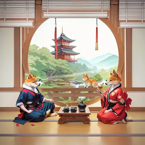 There is a Shiba Inu sitting on the floor next to another Shiba Inu, Inspired by Toshusai Sharaku, Tea ceremony scene, Inspired by Gatōken Shunshi, Inspired by José, Inspired by Zhou Wentianchong, In the dojo, Inspired by Gu Wenchao, Inspired by Watanabe S...