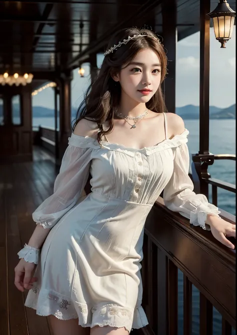 A beautiful, detailed, photorealistic portrait of a young, cute Korean girl standing on the deck of the RMS Titanic in 1913, wearing an above-the-knee length dress, with extremely detailed facial features, large expressive eyes, high-quality rendering, cin...