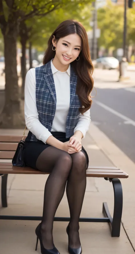 run-6500-v1.1, (RAW Photos:1.2), (Realistic), (Genuine:1.4), １girl、Perfect Anatomy、23 years old、Medium Long Hair、 (High heels)、(Business services)、 quiet, A calm woman wearing a checked vest., The most elegant long wavy hairstyles:1.65, Wear a tight skirt,...