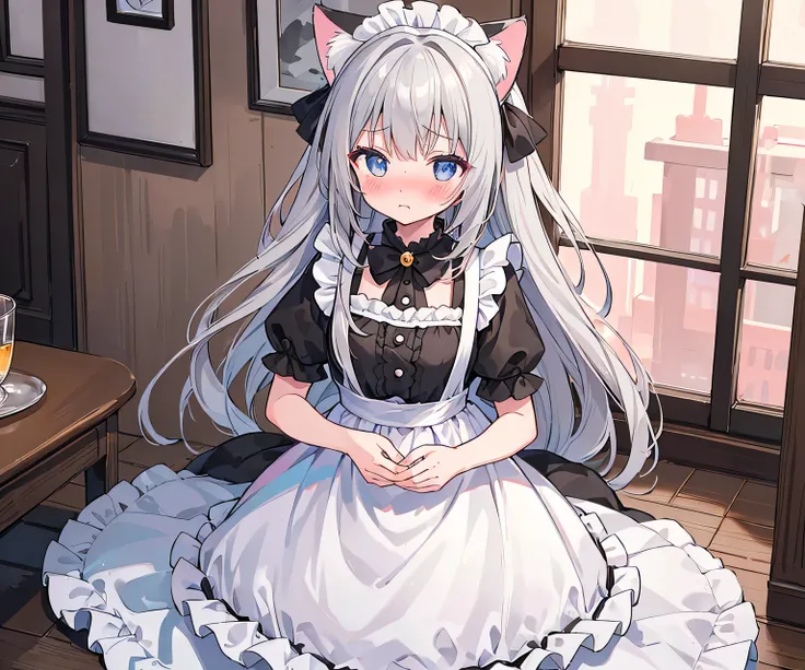 Highest quality,highest quality,masterpiece,8k,break,(Girl 1,Gray Hair,Long Hair,Cat ear,black and white maid outfit,cute,blush,Embarrassed face),Home,looking at viewers ,