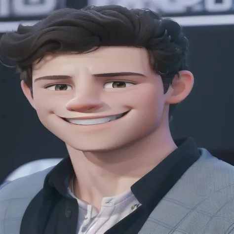 a close up of a shawn mendes smiling at the camera, charming sly smile, shawn mendes in pixar style, beautiful and smiling, he is smiling, taken in the early 2020s, he has short curly brown hair, smiling maniacally, portrait of shawn mendes