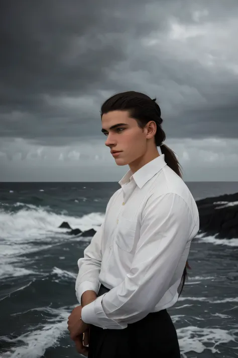 Medium shot of a 19-year-old Russian boy from the 1910s. He is handsome with tan skin and light grey eyes, wearing a loose white shirt typical of the 1910s. His long black hair is in a ponytail. The scene is set by the dark ocean during a storm, with a lig...