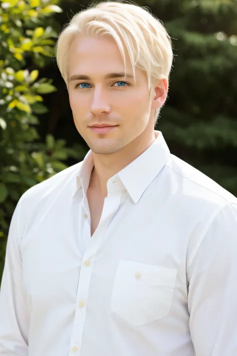 35-year-old man with blue eyes, white skin, and almost pale blonde hair, and a slightly long nose. White clothes