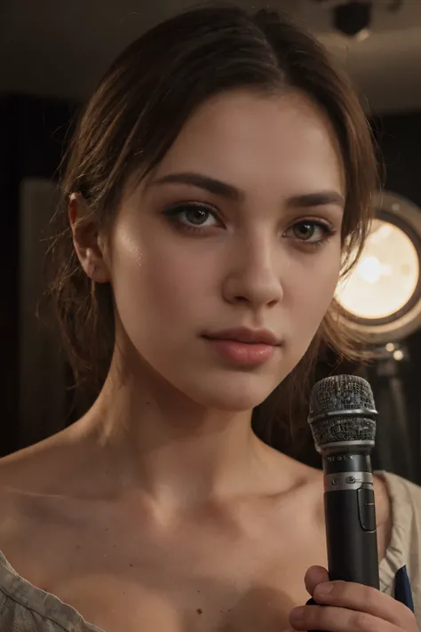 A 22 year old European girl, beautiful detailed eyes, beautiful detailed lips, extremely detailed face, long eyelashes, holding a ham radio microphone, studio lighting, ultra-detailed, realistic, photorealistic, masterpiece, high quality, 8k, physically-ba...