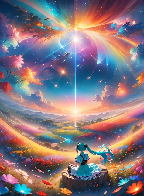 A flock of dolphin-shaped cloudorning、Show Viewer, Focus Only, Dynamic Angle, Ultra-fine, Depth of written boundary, Wide-angle lens, A wide range of landscape photography ,( The lower field seen from above), Man sitting in a flower field, (full moon), (me...