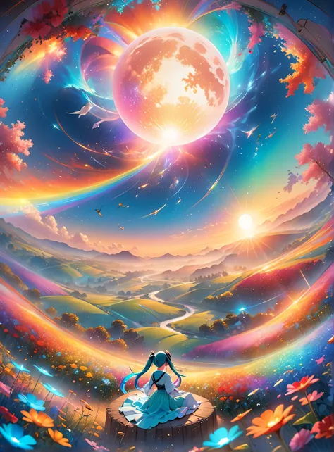 A flock of dolphin-shaped cloudorning、Show Viewer, Focus Only, Dynamic Angle, Ultra-fine, Depth of written boundary, Wide-angle lens, A wide range of landscape photography ,( The lower field seen from above), Man sitting in a flower field, (full moon), (me...
