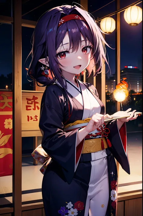 yuukikonno, Konno Yuuki, hair band, Long Hair, Pointed Ears, Purple Hair, (Red eyes:1.5), (Small breasts:1.2), Open your mouth,Open your mouth,Long Hair,happy smile, smile, Open your mouth,Purple Kimono,Long sleeve,Sandals,night空の花火,Fireworks display,Japan...